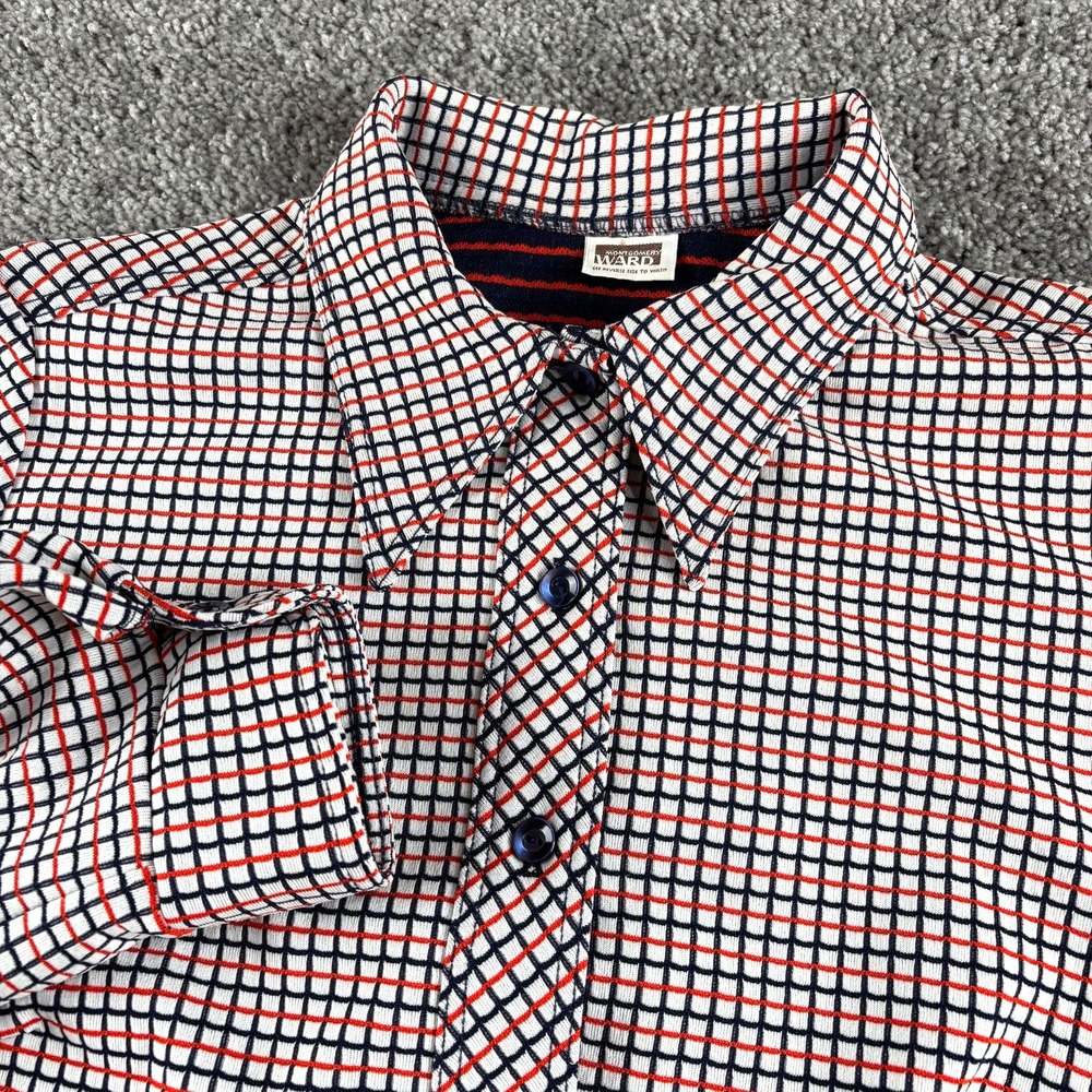 Vintage Montgomery Ward Shirt Mens Large Orange Navy White Grid Stretch 60s RARE